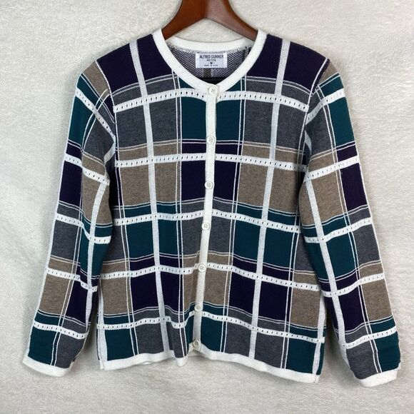 Vtg 90s Alfred Dunner Cardigan Sweater‎ Womens Size M Colorful Plaid Acrylic USA - Picture 1 of 10